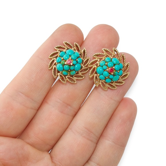 Vintage Faux Turquoise Ruby Glass Cluster Clip On Earrings Gold Plated Sunburst - Picture 5 of 5